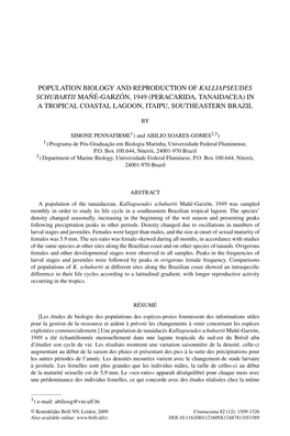 Population Biology and Reproduction of Kalliapseudes Schubartii Mañé-Garzón, 1949 (Peracarida, Tanaidacea) in a Tropical Coastal Lagoon, Itaipu, Southeastern Brazil