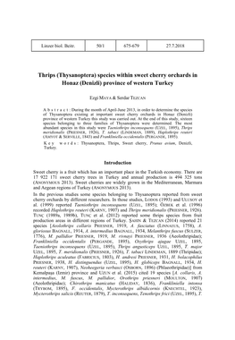 Thrips (Thysanoptera) Species Within Sweet Cherry Orchards in Honaz (Denizli) Province of Western Turkey