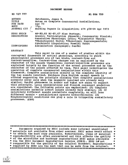 Notes on Complete Consonantal Assimilations. PUB DATE Apr 73 NOTE 11P