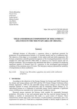 Yield and Biomass Composition of Miscanthus X Giganteus in the Mountain Area of Croatia