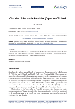 Diptera) of Finland 91 Doi: 10.3897/Zookeys.441.7600 CHECKLIST Launched to Accelerate Biodiversity Research