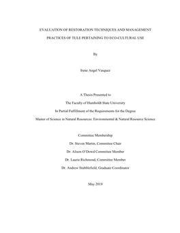 Evaluation of Restoration Techniques and Management Practices of Tule Pertaining to Eco-Cultural Use