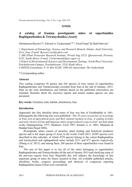 Article a Catalog of Iranian Prostigmatic Mites of Superfamilies