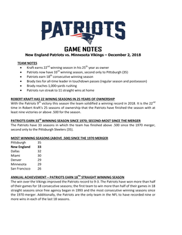 GAME NOTES New England Patriots Vs