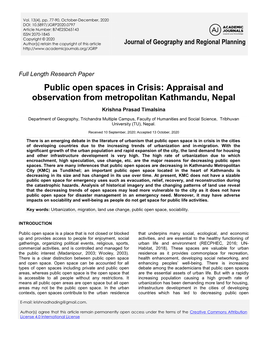 Public Open Spaces in Crisis: Appraisal and Observation from Metropolitan Kathmandu, Nepal