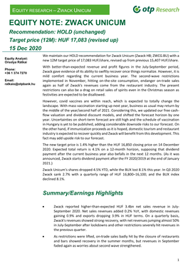 Equity Note: Zwack Unicum