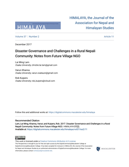 Disaster Governance and Challenges in a Rural Nepali Community: Notes from Future Village NGO