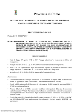 Provvedimento Di Valutazione Di Compatibilità Con Il PTCP N. 19 Del