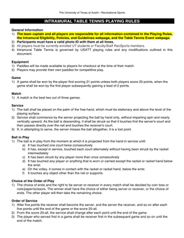 Intramural Table Tennis Playing Rules