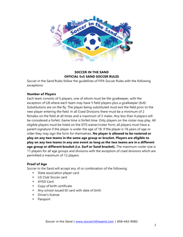 SOCCER in the SAND OFFICIAL 5V5 SAND SOCCER RULES Soccer in the Sand Rules Follow the Guidelines of FIFA Soccer Rules with the Following Exceptions