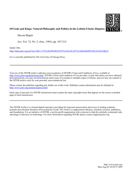 Of Gods and Kings: Natural Philosophy and Politics in the Leibniz-Clarke Disputes Steven Shapin Isis, Vol. 72, No. 2. (Jun., 1981), Pp