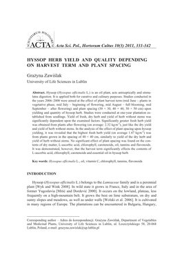 Hyssop Herb Yield and Quality Depending on Harvest Term and Plant Spacing