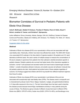 Biomarker Correlates of Survival in Pediatric Patients with Ebola Virus Disease