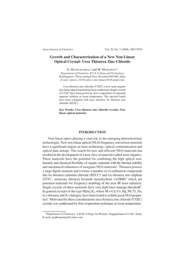 Growth and Characterization of a New Non-Linear Optical Crystal: Urea Thiourea Zinc Chloride