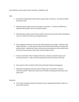 Pal Worksheet: Nervous System, Brain, Brainstem, Cerebellum, Wk9 Brain 1