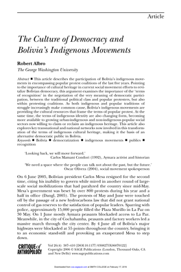 The Culture of Democracy and Bolivia's Indigenous Movements
