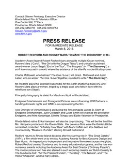 PRESS RELEASE for IMMEDIATE RELEASE March 8, 2016