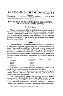 AMERICAN MUSEUM NOVITATES Puhlished by Thz Americanmuseumowfnatural HISTORY Number 314 New York City May 16, 1928