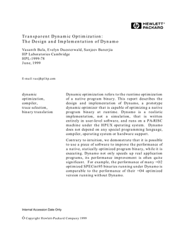 Transparent Dynamic Optimization: the Design and Implementation of Dynamo