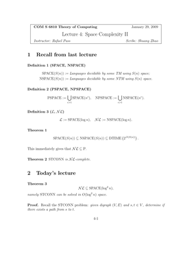 Lecture 4: Space Complexity II: NL=Conl, Savitch's Theorem