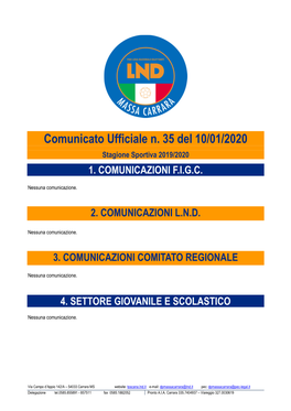 Comunicato Ufficiale N. 35 Del 10/01/2020