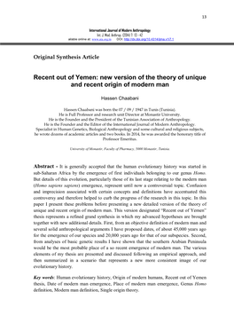 New Version of the Theory of Unique and Recent Origin of Modern Man