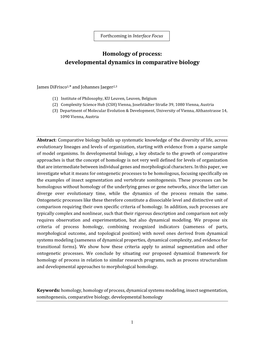 Homology of Process: Developmental Dynamics in Comparative Biology