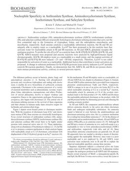 Nucleophile Specificity in Anthranilate Synthase, Aminodeoxychorismate Synthase, Isochorismate Synthase, and Salicylate Synthase Kristin T