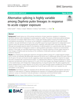 Daphnia Pulex Lineages in Response to Acute Copper Exposure Sneha Suresh1,2, Teresa J