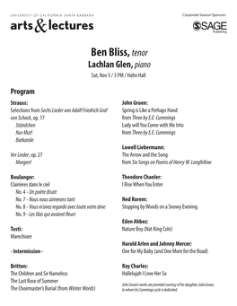 Ben Bliss, Tenor Lachlan Glen, Piano Sat, Nov 5 / 3 PM / Hahn Hall