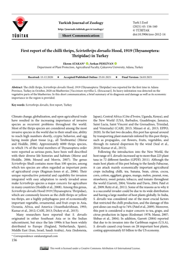 First Report of the Chilli Thrips, Scirtothrips Dorsalis Hood, 1919 (Thysanoptera: Thripidae) in Turkey