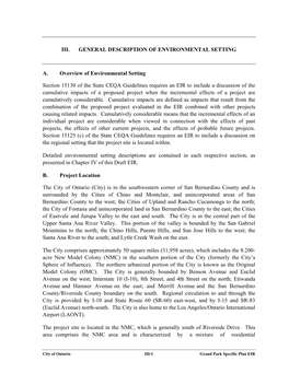 III. General Description of Environmental Setting Acres, Or Approximately 19 Percent of the City’S Area