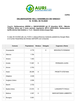 Deliberazione Dell'assemblea Dei Sindaci N. 10 Del 30-10-2020