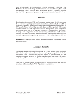 U.S. Foreign Direct Investment in the Western Hemisphere Processed Food Industry