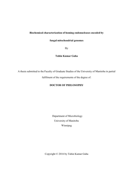 Biochemical Characterization of Homing Endonucleases Encoded By