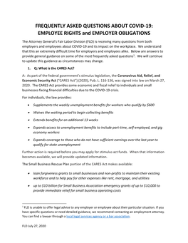FREQUENTLY ASKED QUESTIONS ABOUT COVID-19: EMPLOYEE RIGHTS and EMPLOYER OBLIGATIONS