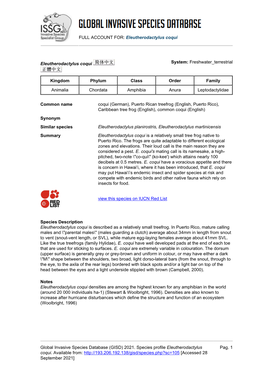 Eleutherodactylus Coqui Global Invasive Species Database (GISD)