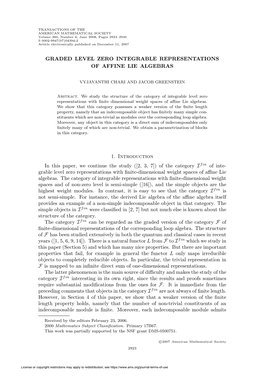 GRADED LEVEL ZERO INTEGRABLE REPRESENTATIONS of AFFINE LIE ALGEBRAS 1. Introduction in This Paper, We Continue the Study ([2, 3