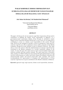Wakaf Korporat Johor Corporation Dan Sumbangannya Dalam Memenuhi Tanggungjawab Sosial Islam Di Malaysia: Satu Tinjauan