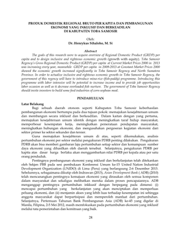 PRODUK DOMESTIK REGIONAL BRUTO PER KAPITA DAN PEMBANGUNAN EKONOMI YANG INKLUSIF DAN BERKEADILAN DI KABUPATEN TOBA SAMOSIR Oleh