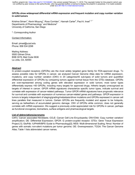Gpcrs Show Widespread Differential Mrna Expression and Frequent Mutation and Copy Number Variation in Solid Tumors
