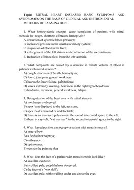 Topic: MITRAL HEART DISEASES: BASIC SYMPTOMS and SYNDROMES on the BASIS of CLINICAL and INSTRUMENTAL METHODS of EXAMINATION