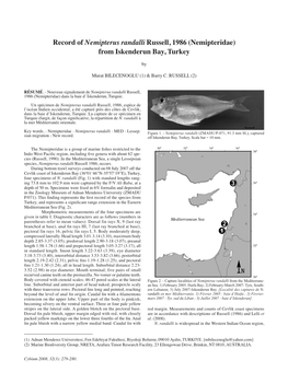 Record of Nemipterus Randalli Russell, 1986 (Nemipteridae) from Iskenderun Bay, Turkey