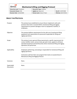 Mechanical Lifting and Rigging Protocol