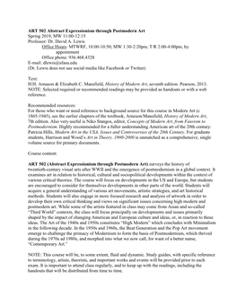 ART 502 Abstract Expressionism Through Postmodern Art Spring 2019, MW 11:00-12:15 Professor: Dr