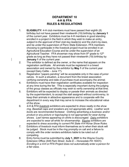 Department 10 4-H & Ffa Rules & Regulations