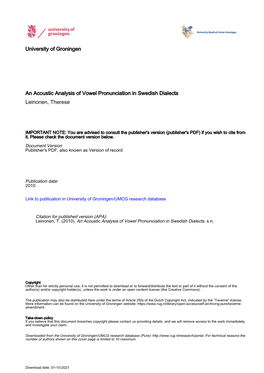 University of Groningen an Acoustic Analysis of Vowel Pronunciation In