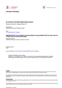 An Overview of Microbial Indigo-Forming Enzymes Fabara, Andrea N.; Fraaije, Marco W