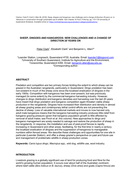 SHEEP, DINGOES and KANGAROOS: NEW CHALLENGES and a CHANGE of DIRECTION 20 YEARS on Peter Clark1, Elizabeth Clark1 and Benjamin L