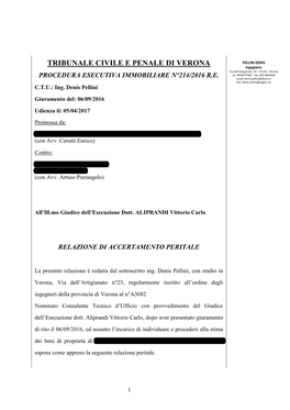 TRIBUNALE CIVILE E PENALE DI VERONA PELLINI DENIS Ingegnere Via Dell’Artigianato, 23 – 37135 – Verona PROCEDURA ESECUTIVA IMMOBILIARE N°214/2016 R.E